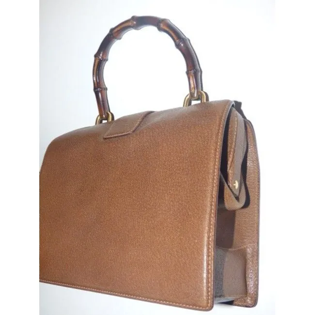 SALE! Gucci Brown Leather Square Satchel w Bamboo Handle- Very RARE!