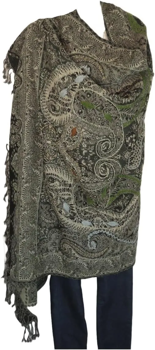 Shawl/Throw | Handstitched Accent Embroidery | Yak   Sheep Boiled Wool Blend | Handmade | Oversize - 80" x 40" | Black & Gray