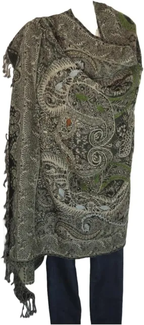 Shawl/Throw | Handstitched Accent Embroidery | Yak   Sheep Boiled Wool Blend | Handmade | Oversize - 80" x 40" | Black & Gray
