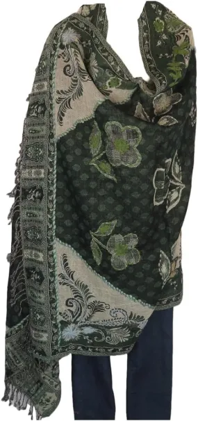 Shawl/Throw | Handstitched Accent Embroidery | Yak   Sheep Boiled Wool Blend | Handmade | Oversize - 80" x 40" | Black & Green  
