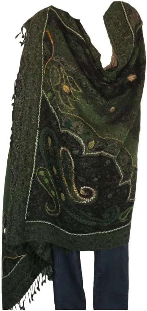 Shawl/Throw | Handstitched Accent Embroidery | Yak   Sheep Boiled Wool Blend | Handmade | Oversize - 80" x 40" | Black & Teal