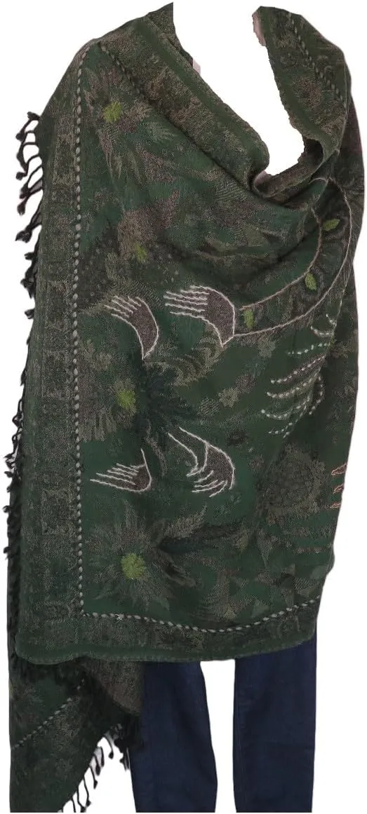 Shawl/Throw | Handstitched Accent Embroidery | Yak   Sheep Boiled Wool Blend | Handmade | Oversize - 80" x 40" | Mauve & Green
