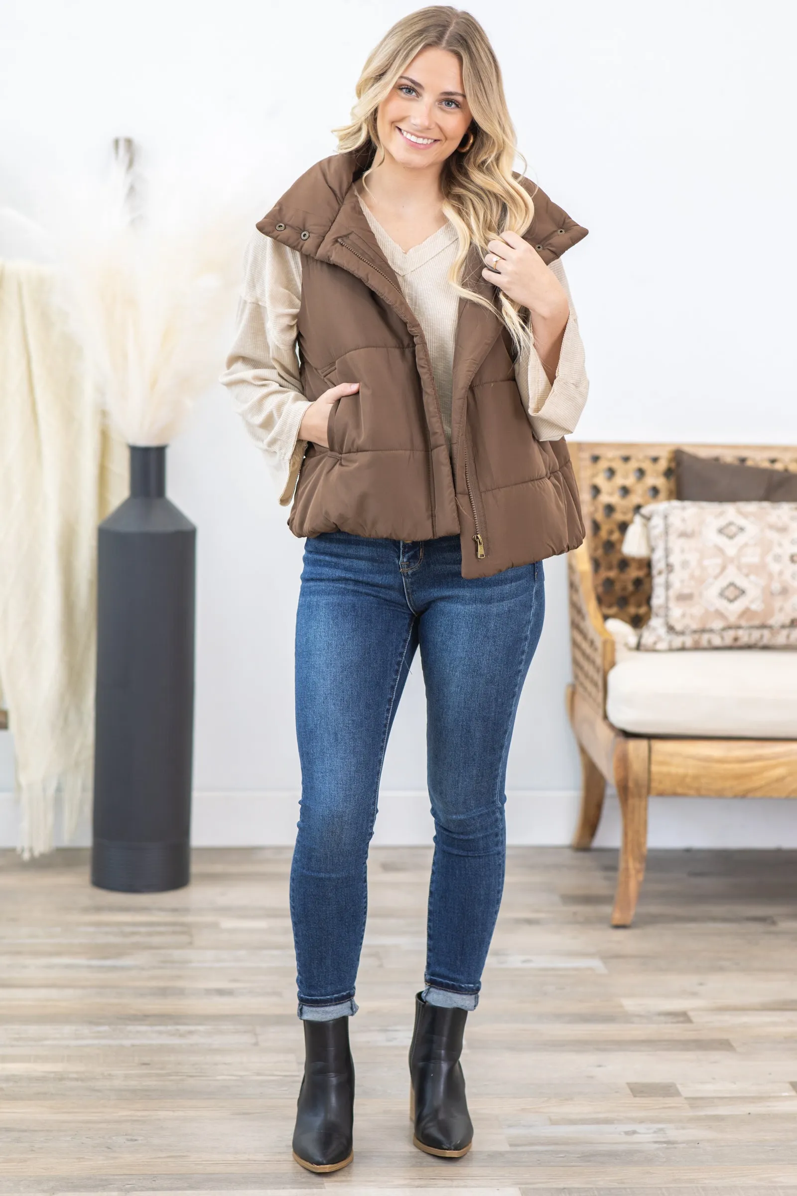 Solid Zip Up Puffer Vest