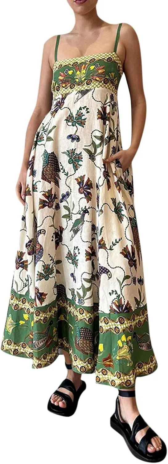 Strapless Maxi Dresses for Women Boho Graffiti Cami Long Dress Colorful Graphic Spaghetti Strap Flowy Tank Sundress