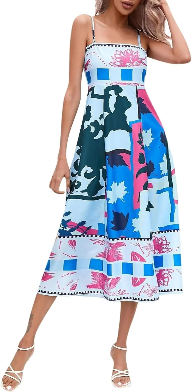 Strapless Maxi Dresses for Women Boho Graffiti Cami Long Dress Colorful Graphic Spaghetti Strap Flowy Tank Sundress
