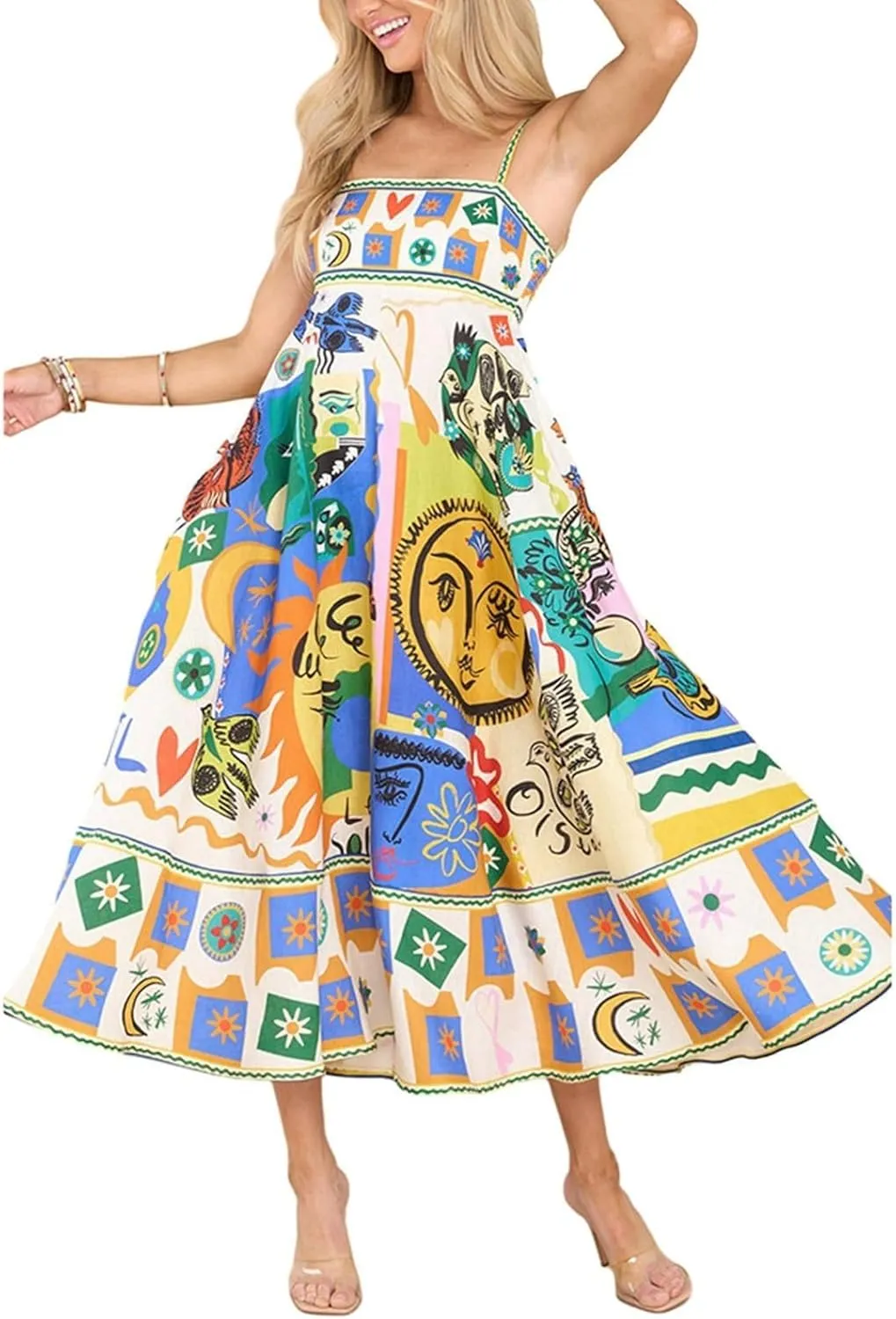 Strapless Maxi Dresses for Women Boho Graffiti Cami Long Dress Colorful Graphic Spaghetti Strap Flowy Tank Sundress