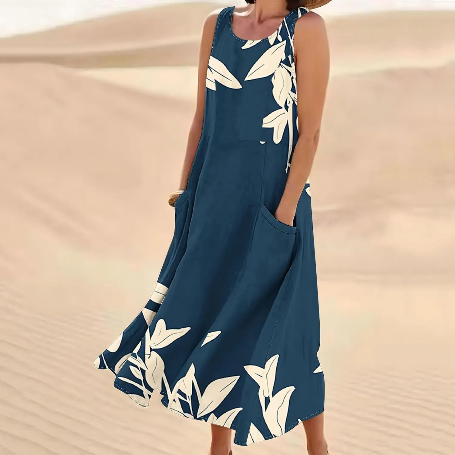 Summer Linen Sundress for Women 2024 Casual Sleeveless Scoop Neck Tank Dress with Pockets Vintage Graphic Beach Dress