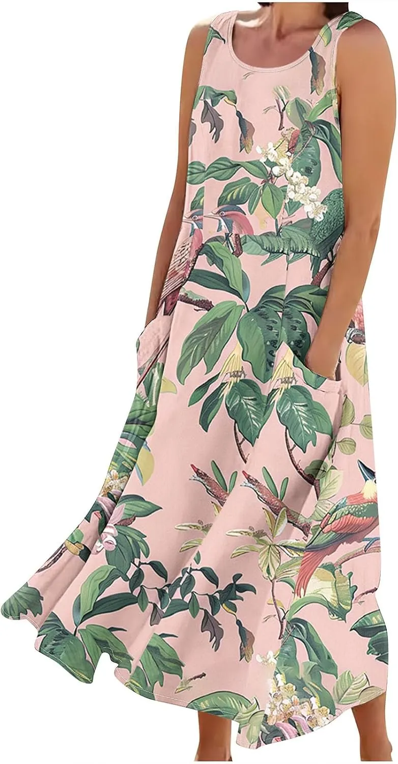 Summer Linen Sundress for Women 2024 Casual Sleeveless Scoop Neck Tank Dress with Pockets Vintage Graphic Beach Dress