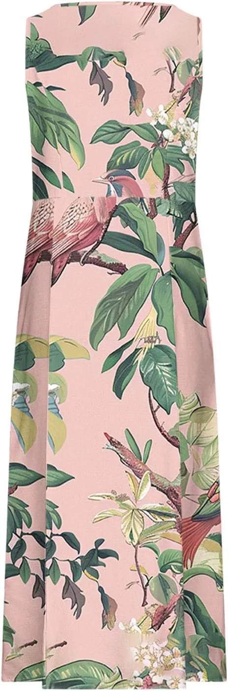 Summer Linen Sundress for Women 2024 Casual Sleeveless Scoop Neck Tank Dress with Pockets Vintage Graphic Beach Dress