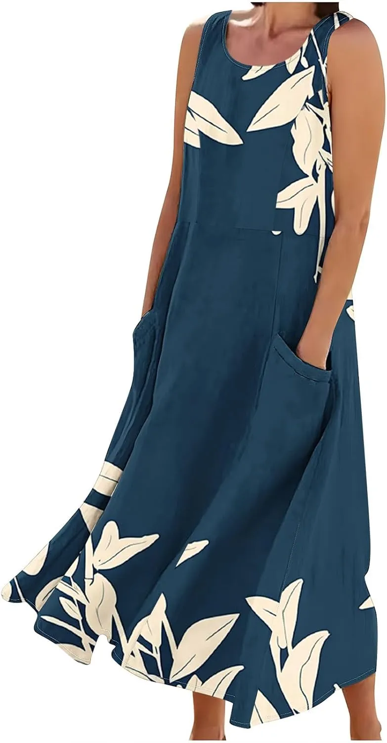 Summer Linen Sundress for Women 2024 Casual Sleeveless Scoop Neck Tank Dress with Pockets Vintage Graphic Beach Dress