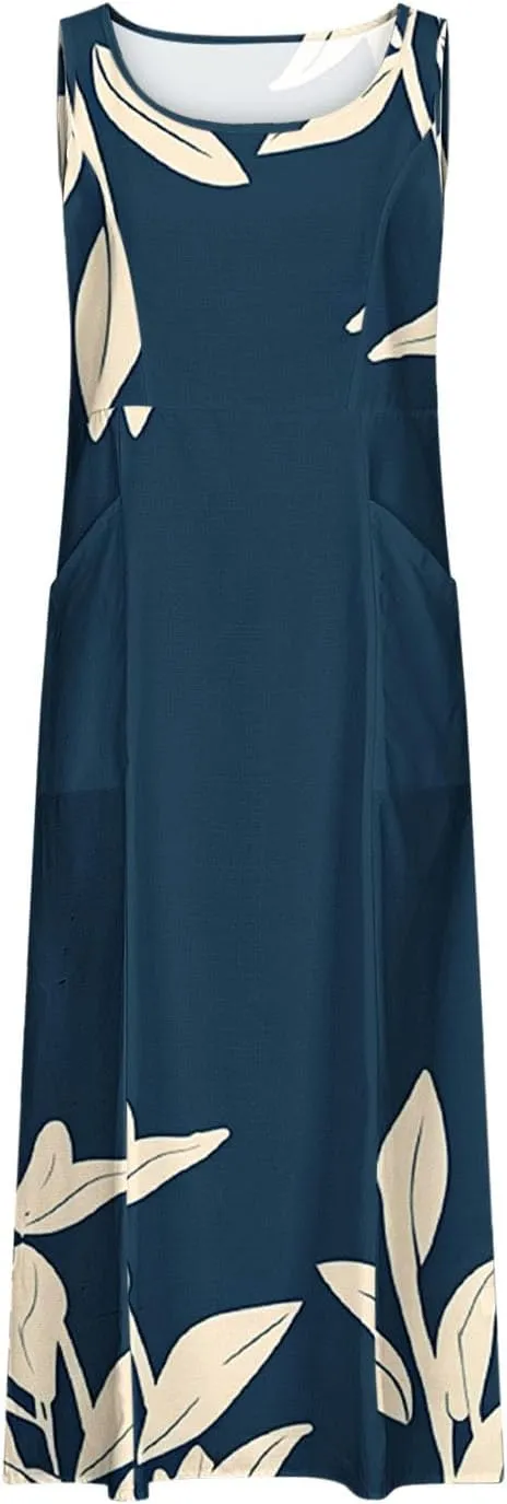 Summer Linen Sundress for Women 2024 Casual Sleeveless Scoop Neck Tank Dress with Pockets Vintage Graphic Beach Dress
