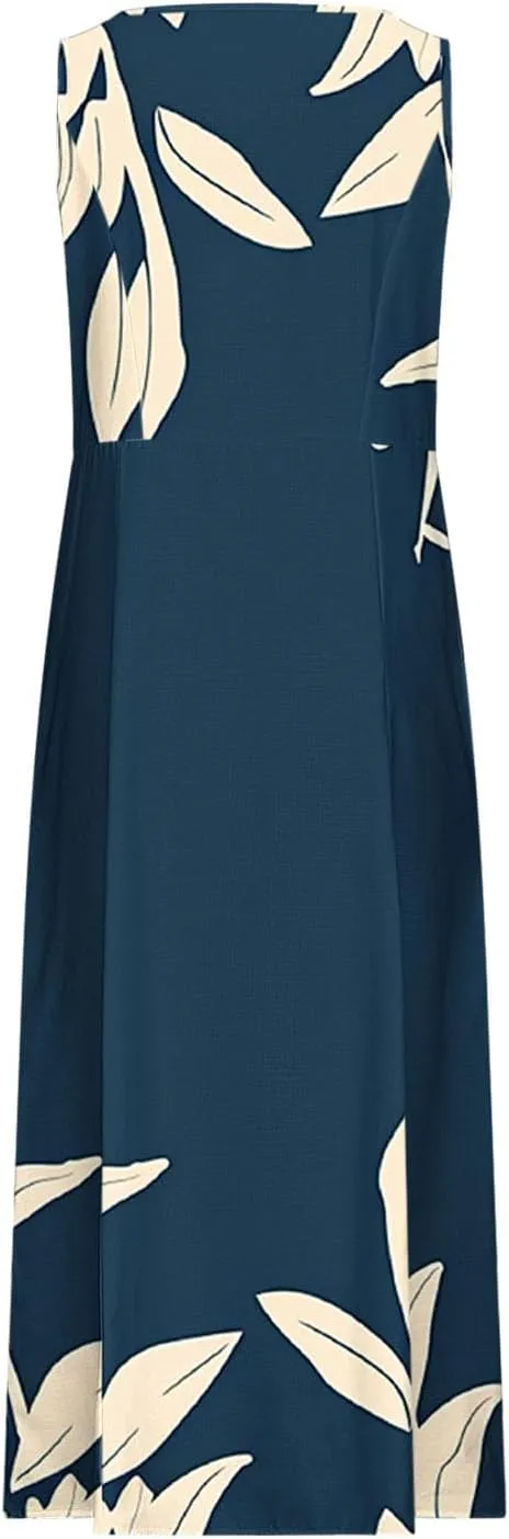 Summer Linen Sundress for Women 2024 Casual Sleeveless Scoop Neck Tank Dress with Pockets Vintage Graphic Beach Dress