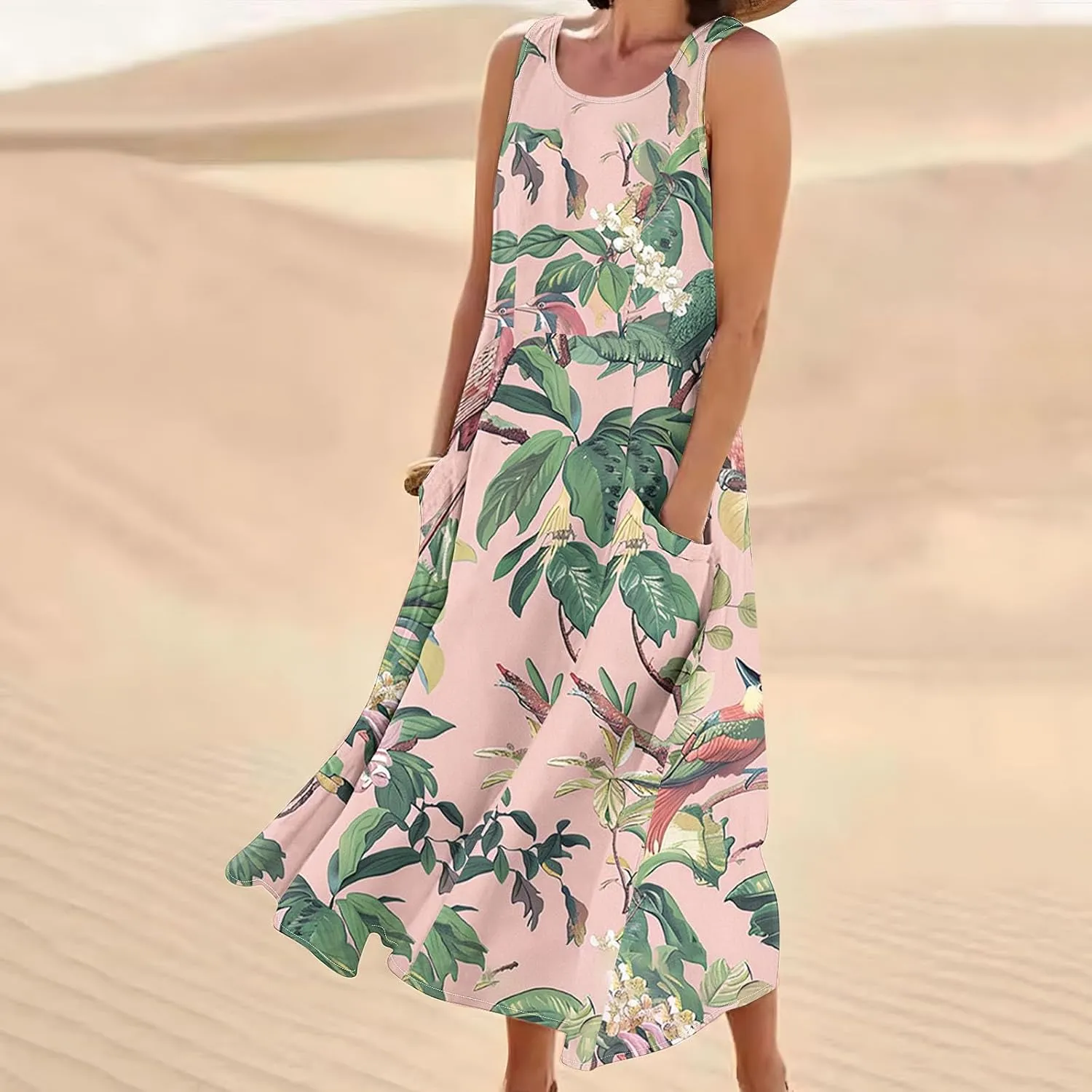 Summer Linen Sundress for Women 2024 Casual Sleeveless Scoop Neck Tank Dress with Pockets Vintage Graphic Beach Dress
