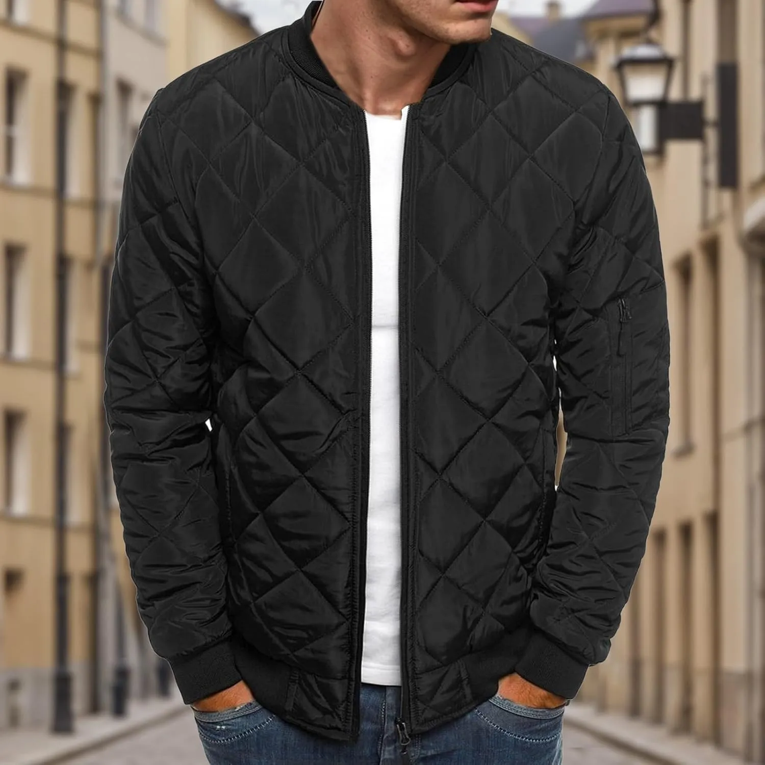Thatrich Mens Bomber Jacket Lightweight Diamond Quilted Jacket Zip Up Puffer Coat Cropped Winter Jackets Long Sleeve Outwear