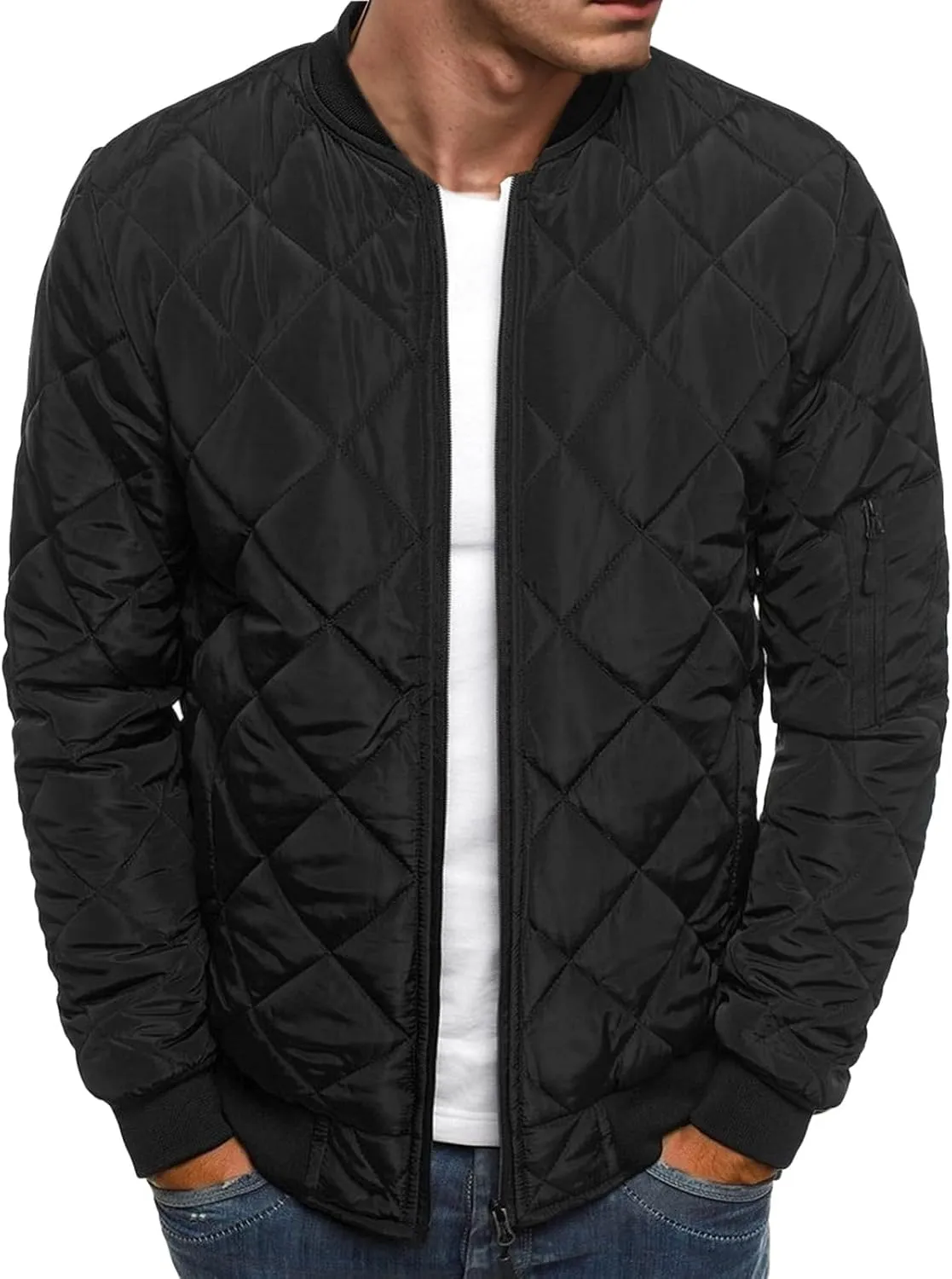 Thatrich Mens Bomber Jacket Lightweight Diamond Quilted Jacket Zip Up Puffer Coat Cropped Winter Jackets Long Sleeve Outwear