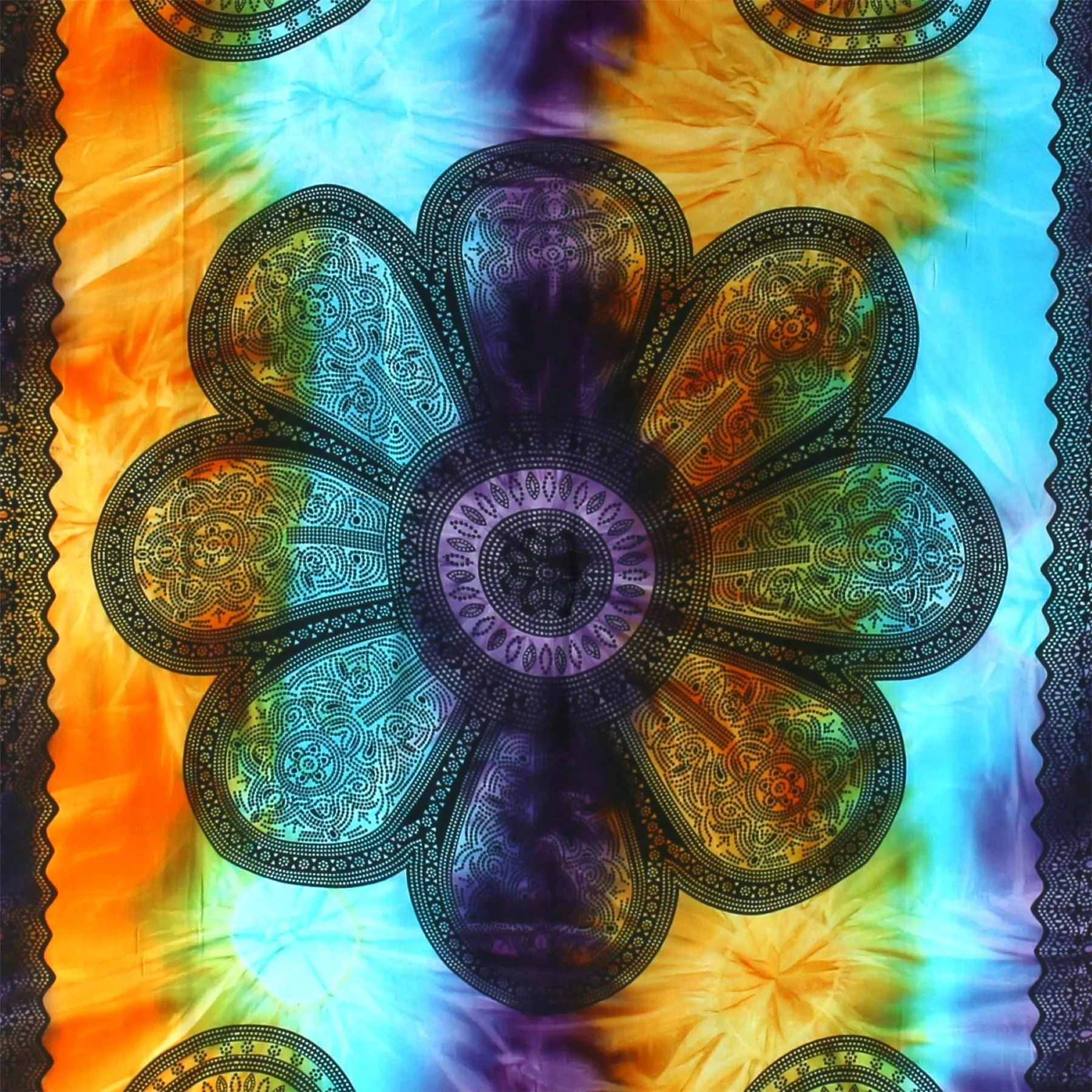 Viscose Rayon Sarong - Flower mandala - Orange & Blue Tie-Dye