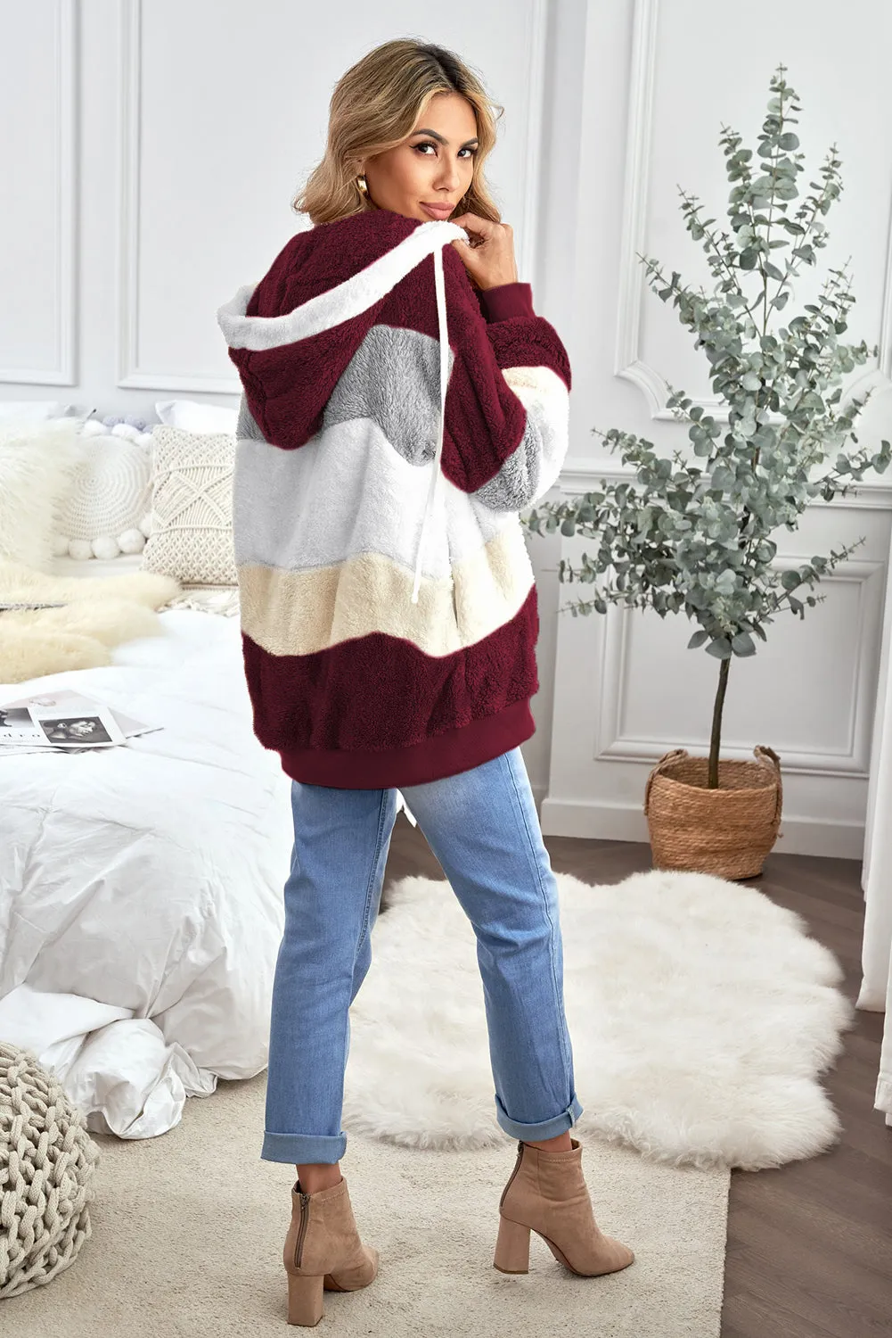 Wine Red Colorblock Zip Up Oversized Sherpa Jacket With Hood