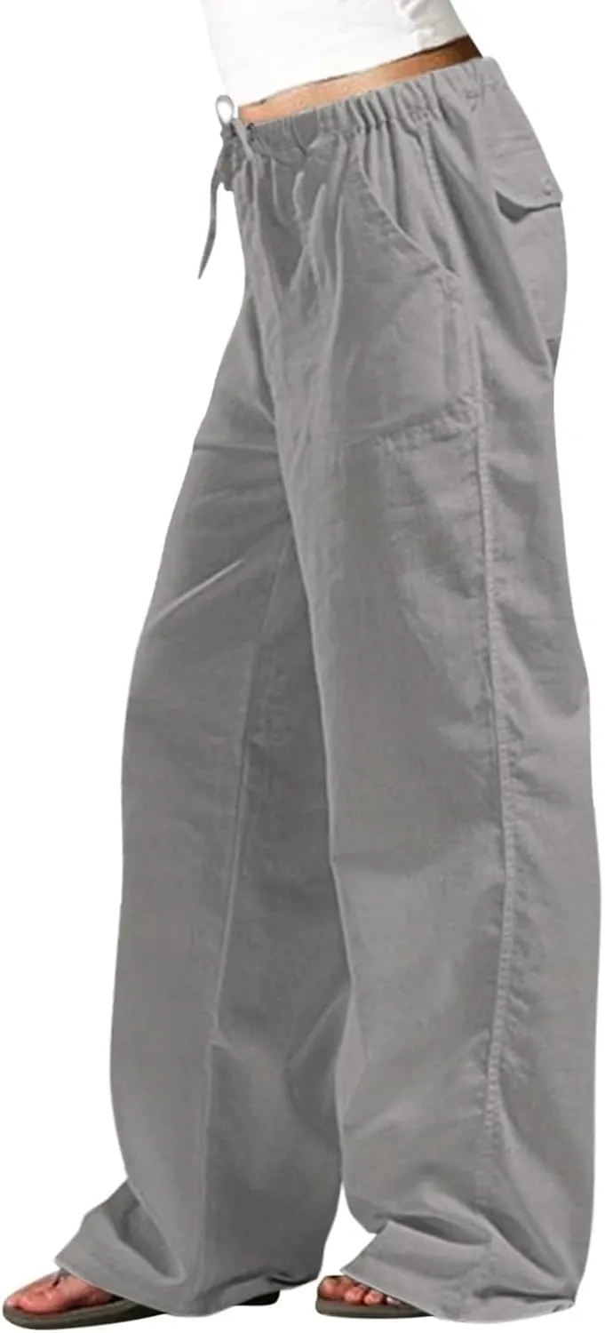 Women Wide Leg Cotton Linen Pants Casual High Waist Palazzo Pant Workout Loose Flowy Trouser with Pocket