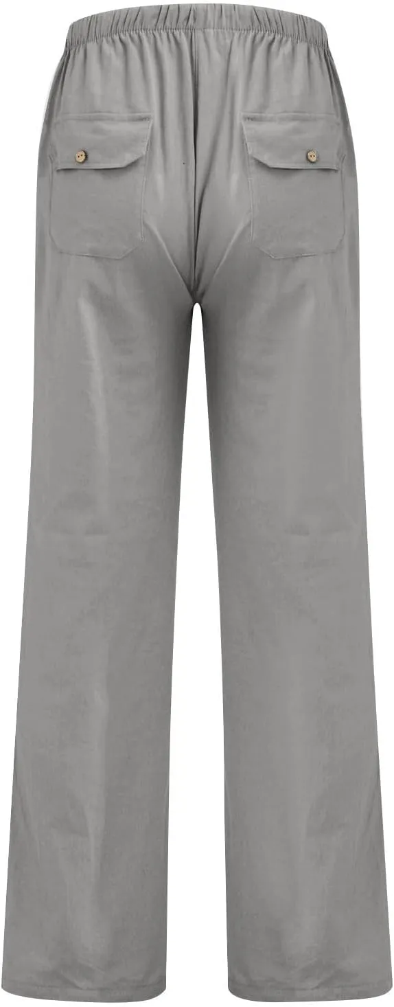 Women Wide Leg Cotton Linen Pants Casual High Waist Palazzo Pant Workout Loose Flowy Trouser with Pocket