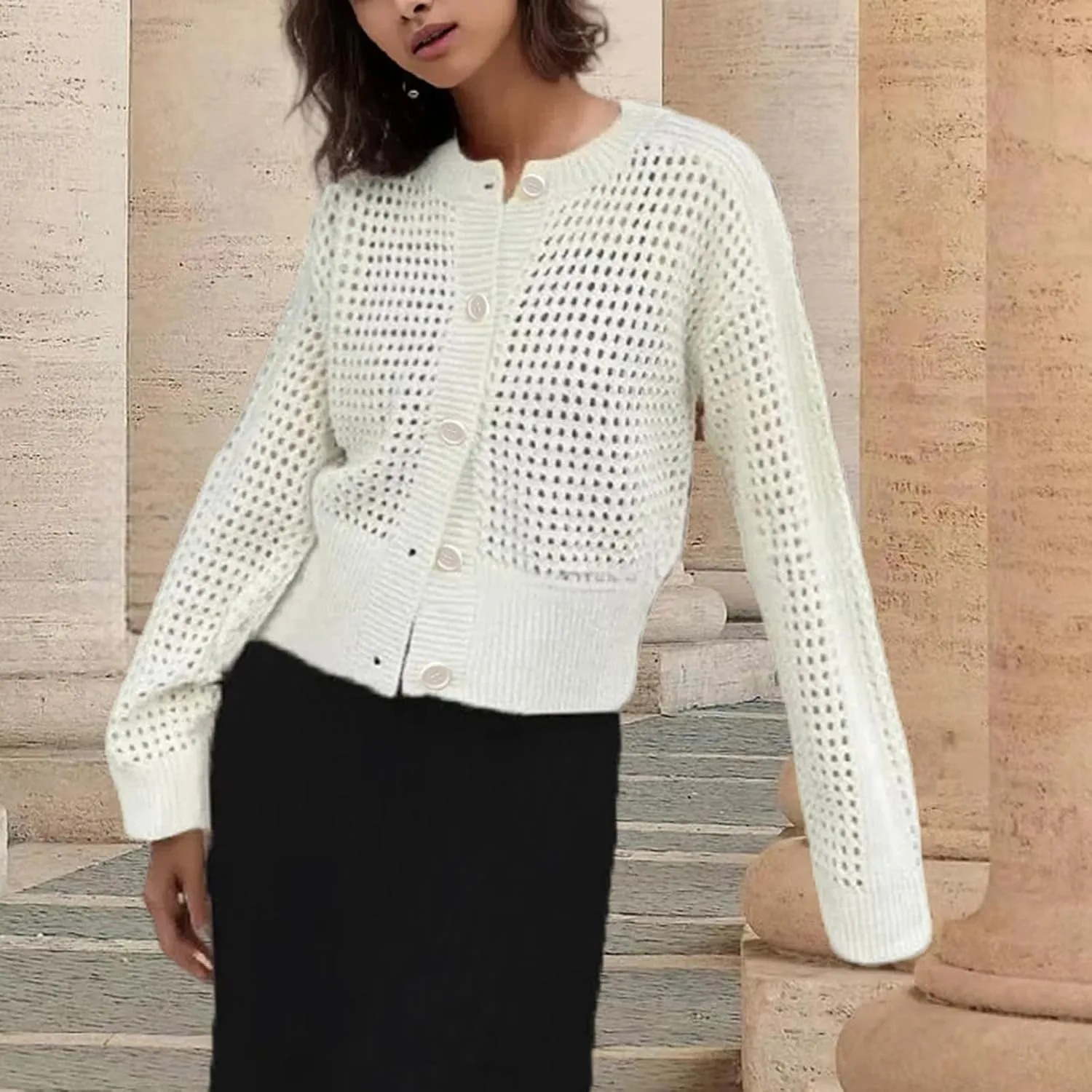 Womens 2024 Casual Fashion Open Front Cardigans Cropped Chunky Knit Long Sleeve Sweaters Fall Trendy Outfits