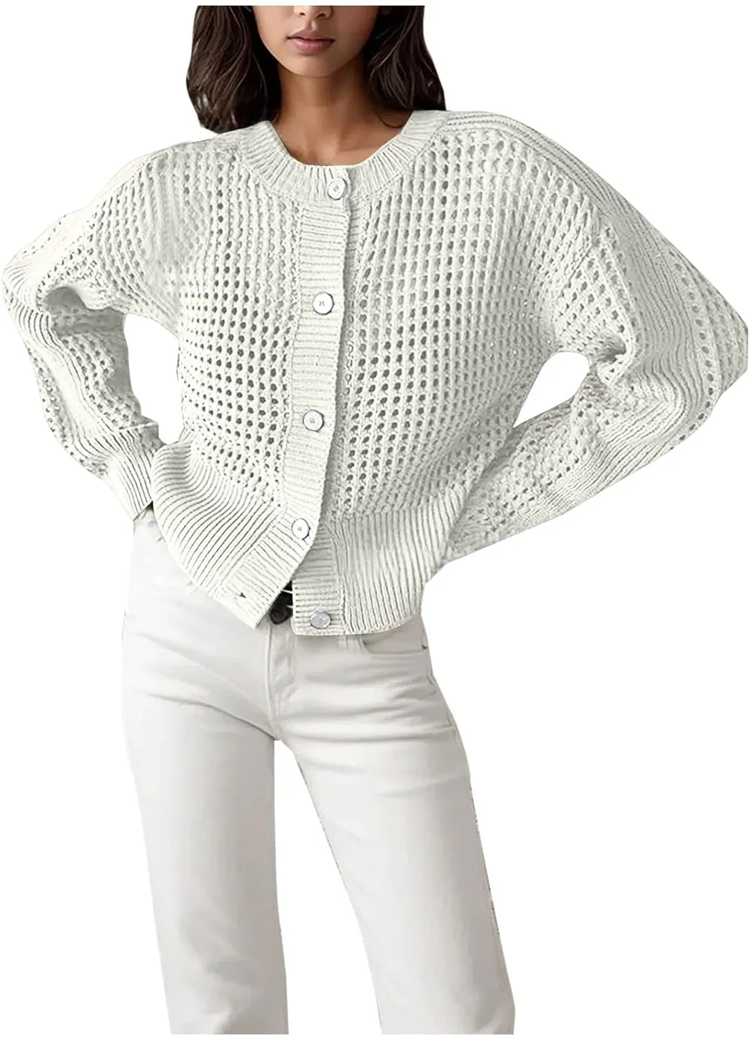 Womens 2024 Casual Fashion Open Front Cardigans Cropped Chunky Knit Long Sleeve Sweaters Fall Trendy Outfits