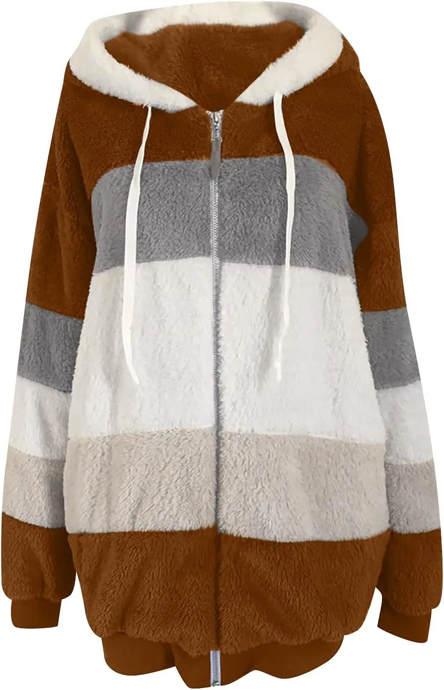 Women's Fleece Hooded Coat Loose Plus Size Zipper Winter Warm Long Sleeve Plush Hoodies Jacket Cardigan Sweaters