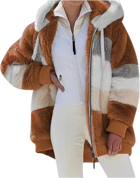 Women's Fleece Hooded Coat Loose Plus Size Zipper Winter Warm Long Sleeve Plush Hoodies Jacket Cardigan Sweaters
