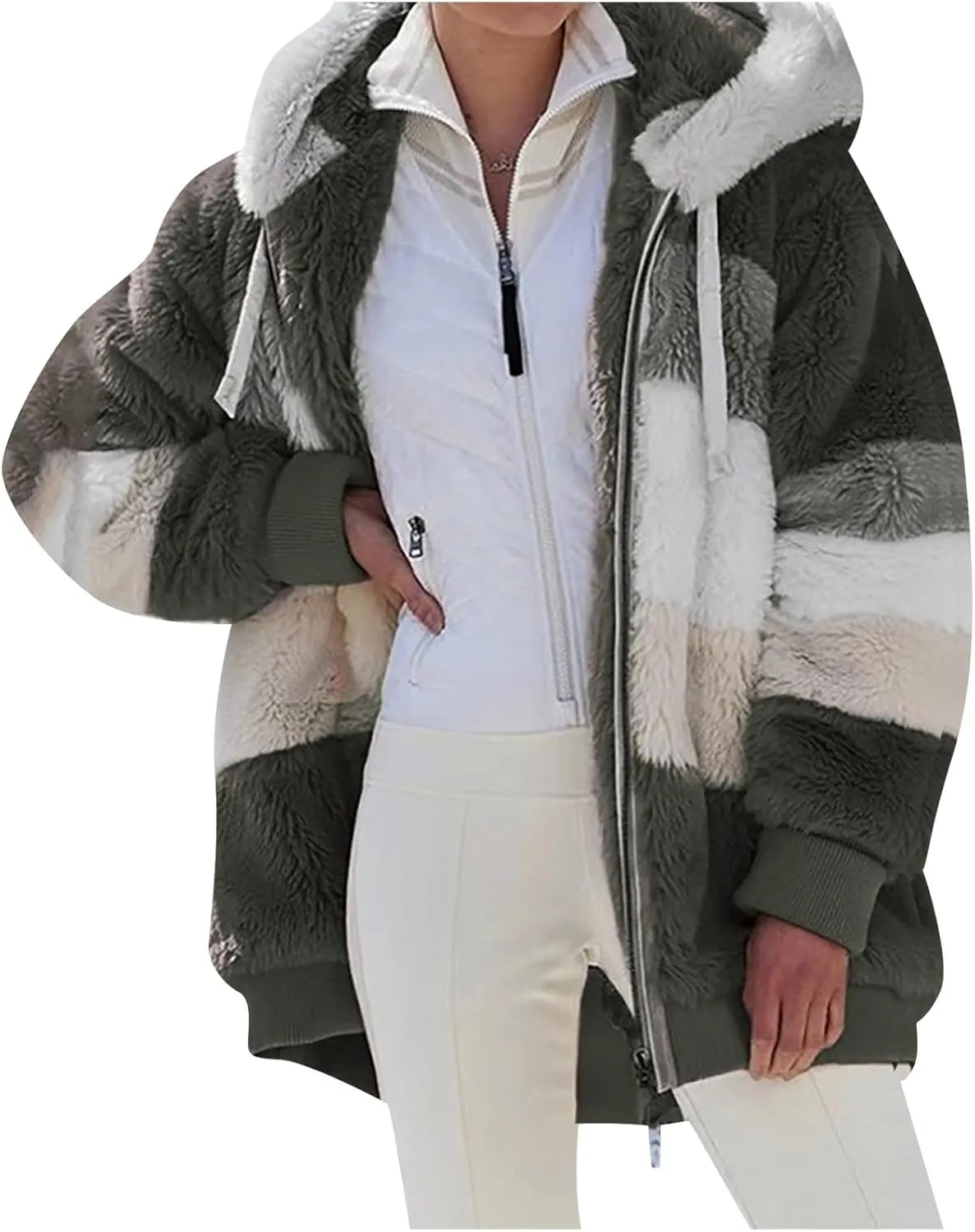 Women's Fleece Hooded Coat Loose Plus Size Zipper Winter Warm Long Sleeve Plush Hoodies Jacket Cardigan Sweaters