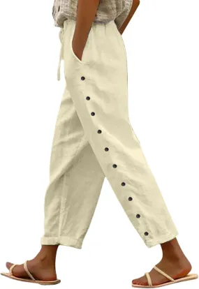 Women's Linen Pants with Side Buttons Summer Casual Lightweight Elastic Hight Waist Drawstring Loose Trousers