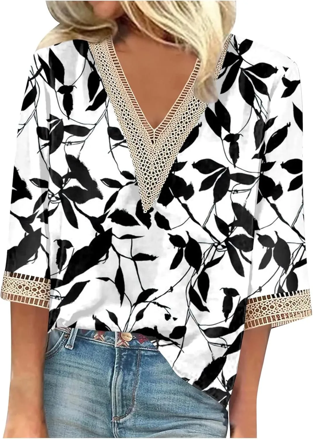 Women's Shirt Blouse Casual Loose Shirts 3/4 Sleeve Lace Trims Print V Neck Tops Print Women's Athletic Shirts