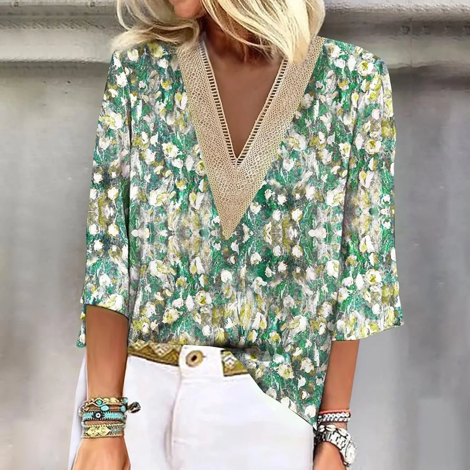 Women's Shirt Blouse Casual Loose Shirts 3/4 Sleeve Lace Trims Print V Neck Tops Print Women's Athletic Shirts