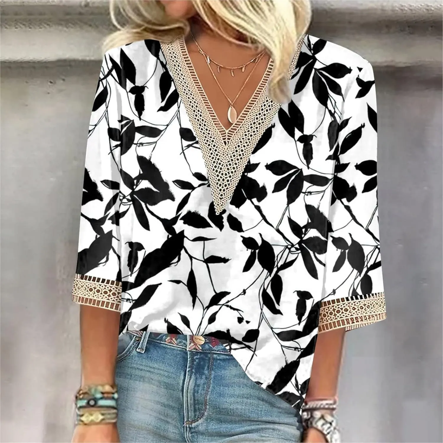 Women's Shirt Blouse Casual Loose Shirts 3/4 Sleeve Lace Trims Print V Neck Tops Print Women's Athletic Shirts