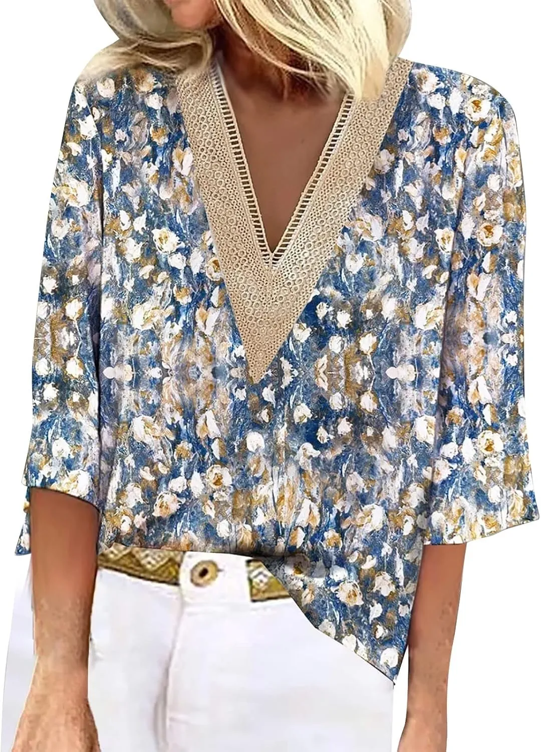 Women's Shirt Blouse Casual Loose Shirts 3/4 Sleeve Lace Trims Print V Neck Tops Print Women's Athletic Shirts