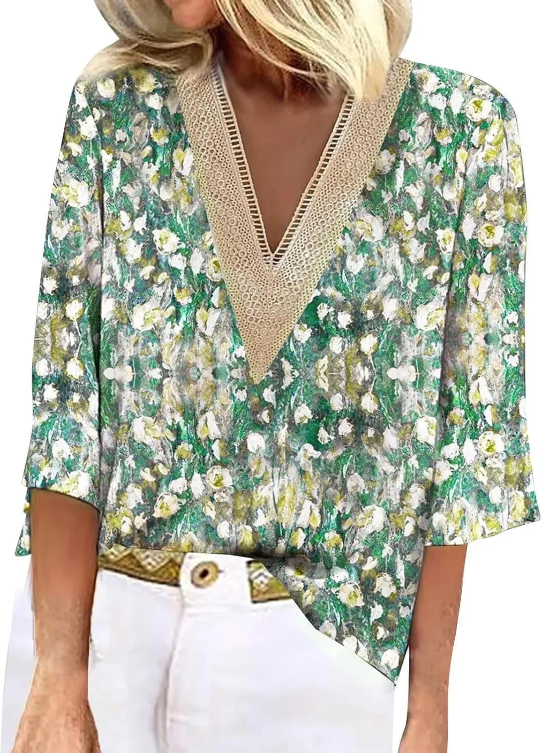 Women's Shirt Blouse Casual Loose Shirts 3/4 Sleeve Lace Trims Print V Neck Tops Print Women's Athletic Shirts