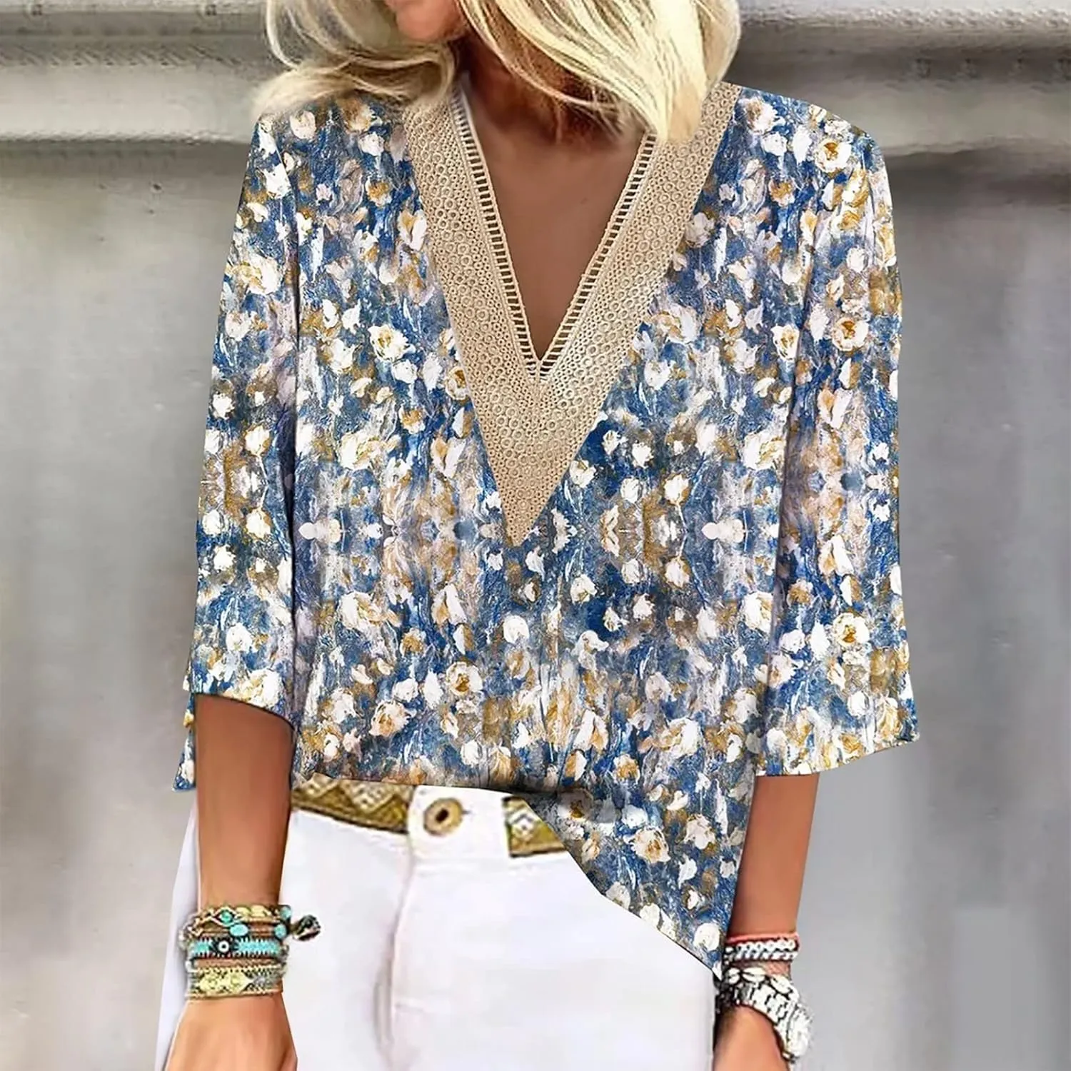 Women's Shirt Blouse Casual Loose Shirts 3/4 Sleeve Lace Trims Print V Neck Tops Print Women's Athletic Shirts
