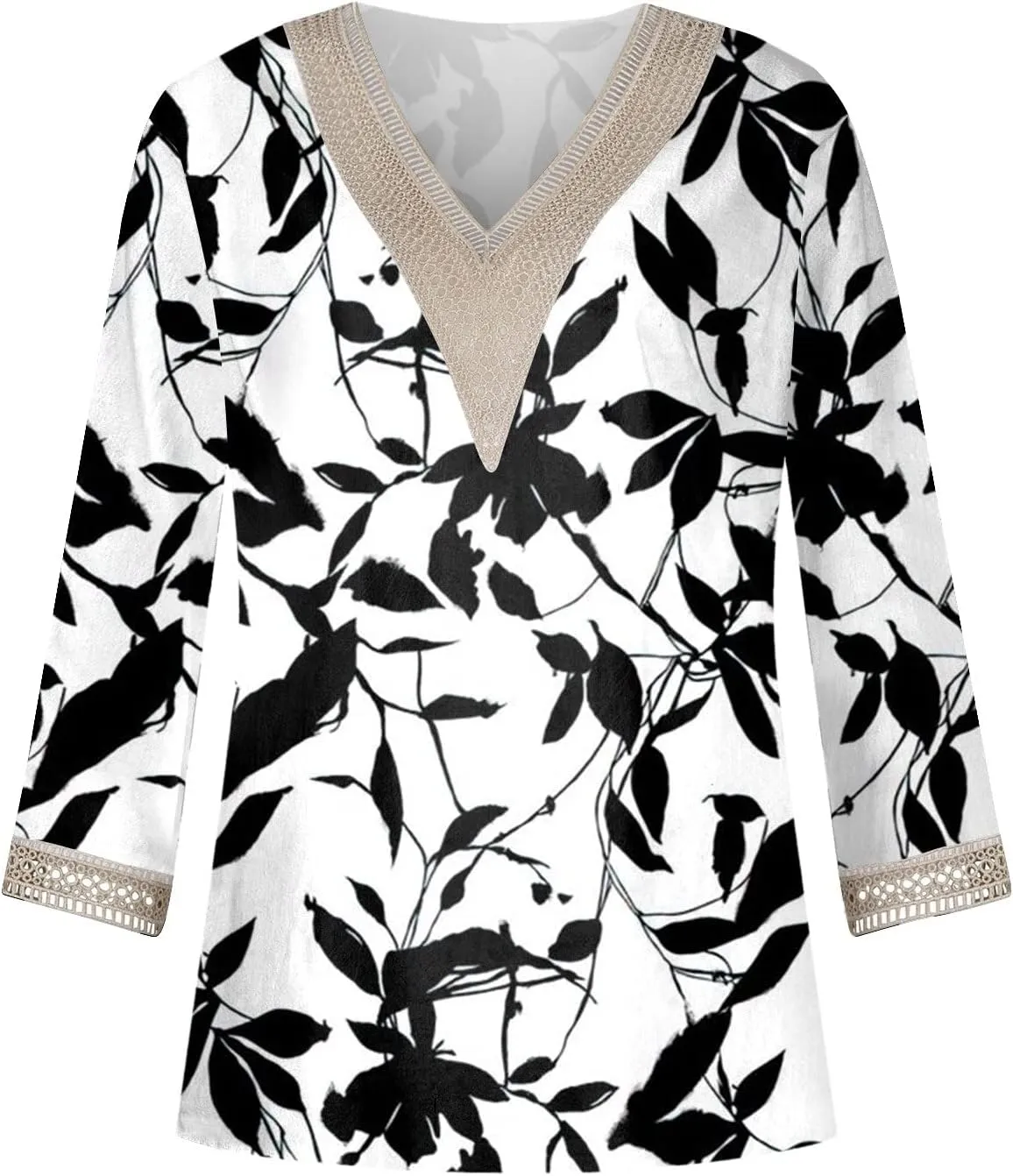 Women's Shirt Blouse Casual Loose Shirts 3/4 Sleeve Lace Trims Print V Neck Tops Print Women's Athletic Shirts