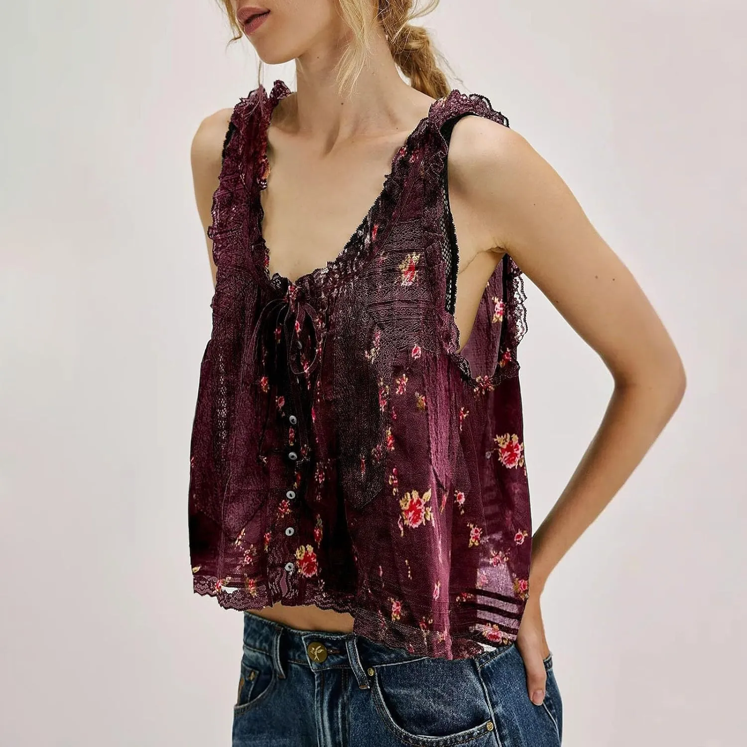 Womens Summer Lace Camisole Tank Tops V-Neck Sleeveless Babydoll Tops Casual Cute Going Out Vacation Y2k T-Shirts