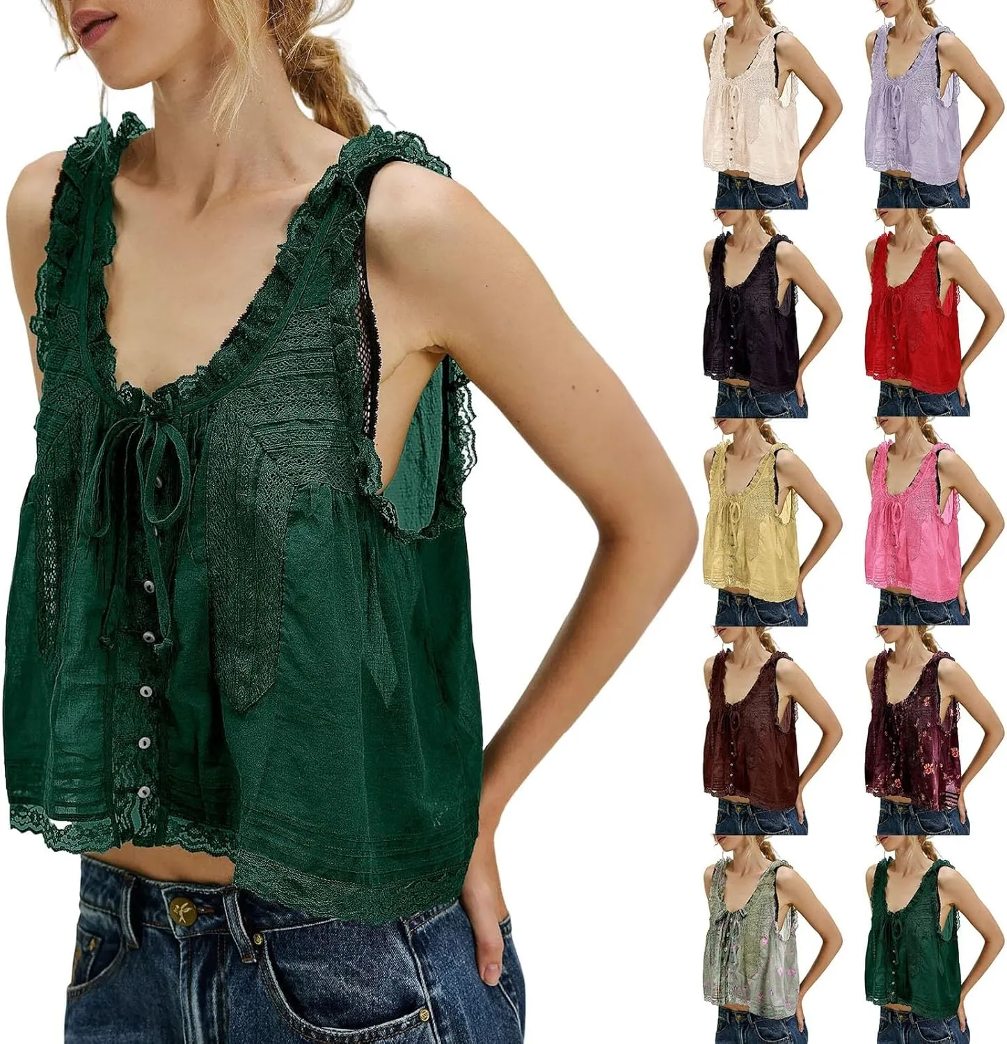 Womens Summer Lace Camisole Tank Tops V-Neck Sleeveless Babydoll Tops Casual Cute Going Out Vacation Y2k T-Shirts