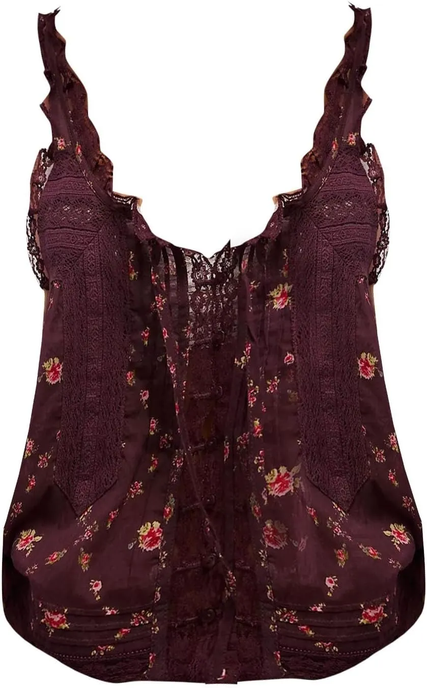 Womens Summer Lace Camisole Tank Tops V-Neck Sleeveless Babydoll Tops Casual Cute Going Out Vacation Y2k T-Shirts