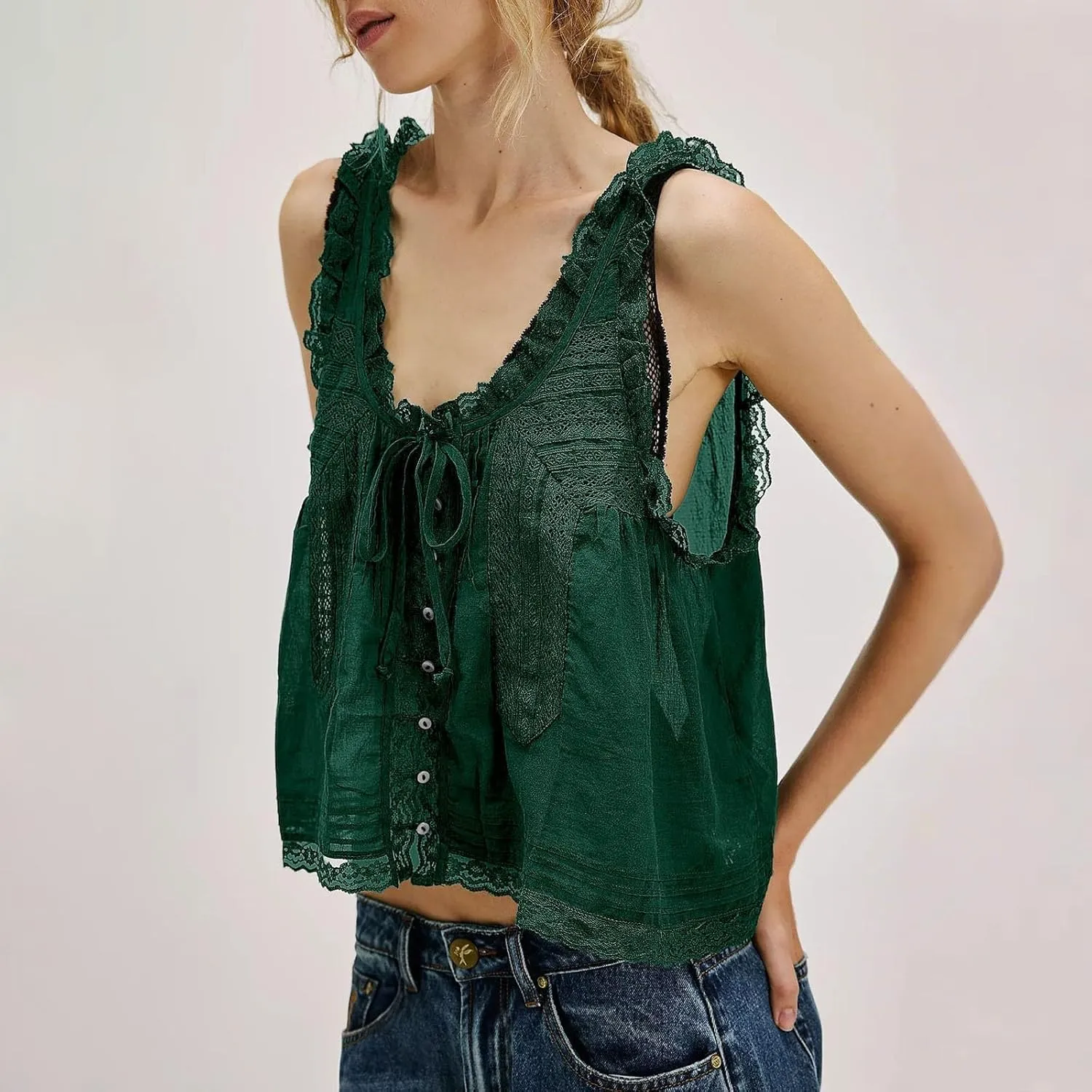 Womens Summer Lace Camisole Tank Tops V-Neck Sleeveless Babydoll Tops Casual Cute Going Out Vacation Y2k T-Shirts