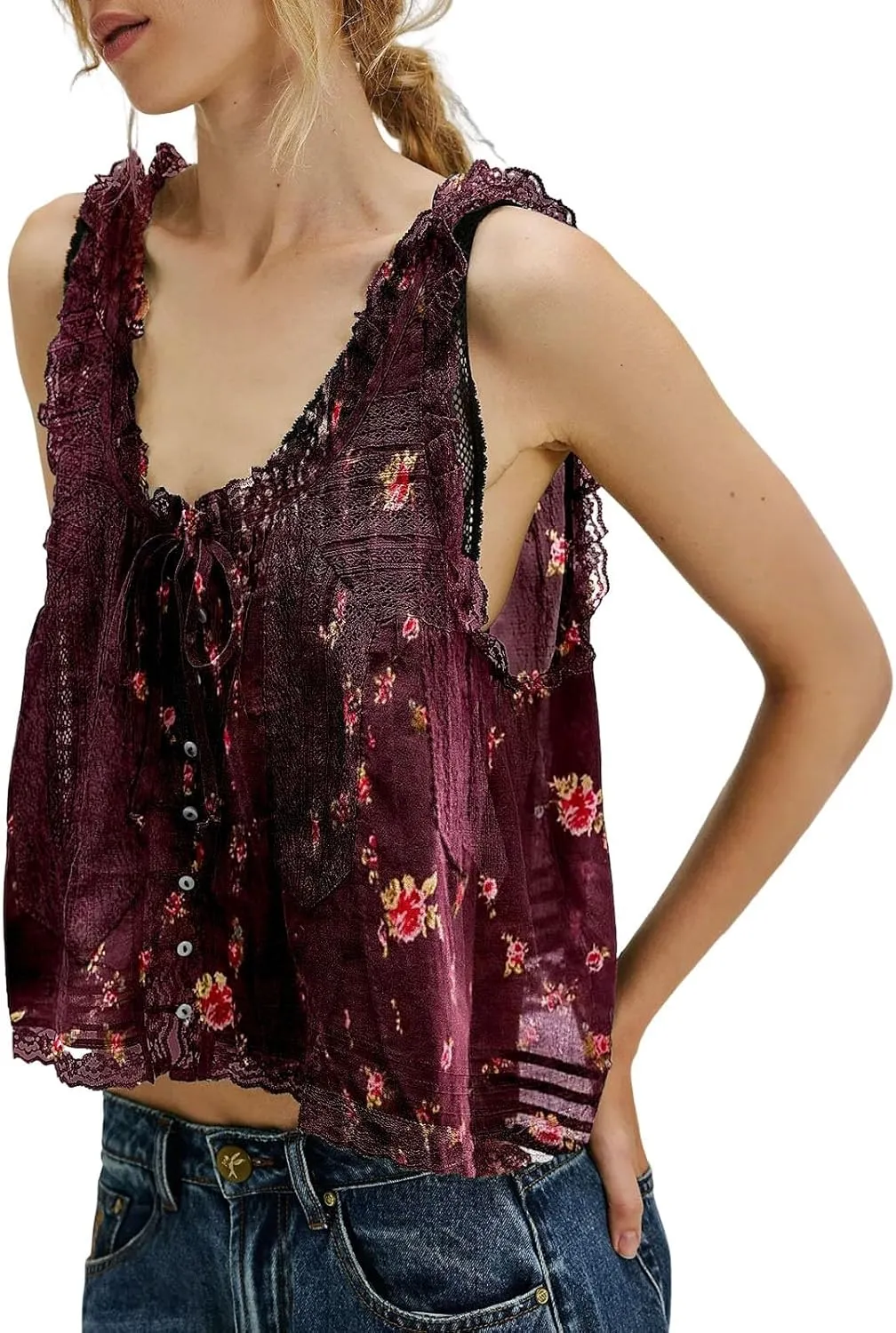 Womens Summer Lace Camisole Tank Tops V-Neck Sleeveless Babydoll Tops Casual Cute Going Out Vacation Y2k T-Shirts
